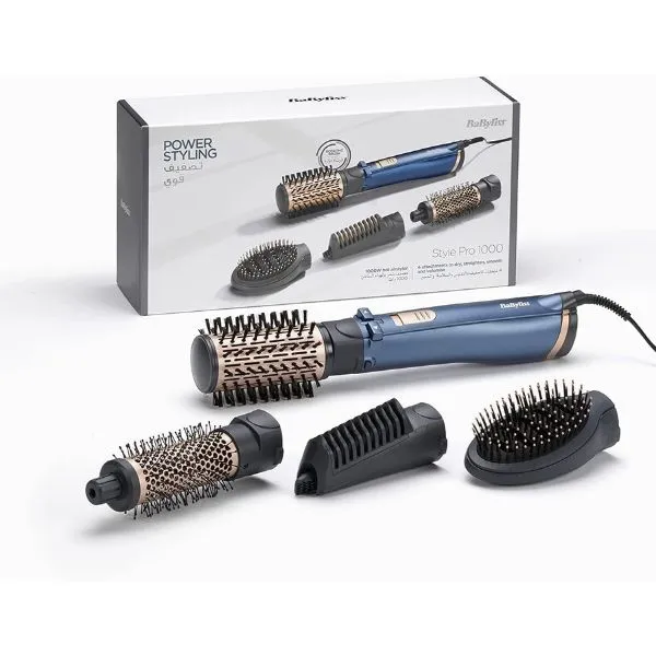 Babyliss مصفف شعر بالهواء برو بقدرة 1000 Watts | فرشاة حرارية 38mm مع سلك دوار 2.2m | فرشاة دوارة بشعيرات ناعمة 50mm مع 2 إعدادات للحرارة وإعداد بارد، تصميم خفيف الوزن | BABAS965SDE (أزرق)