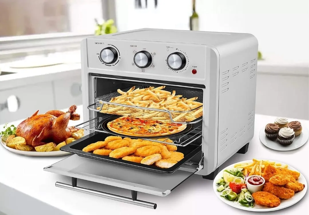 Sprintee قلاية هوائية فرن بطبقة غير لاصقة 1500W مع 6 عناصر تسخين، سلة دوارة وشواية Rotisserie، فرن تحميص بلمسة باردة ستانلس ستيل مع نظام تحكم ذاتي بدرجة الحرارة، فضي