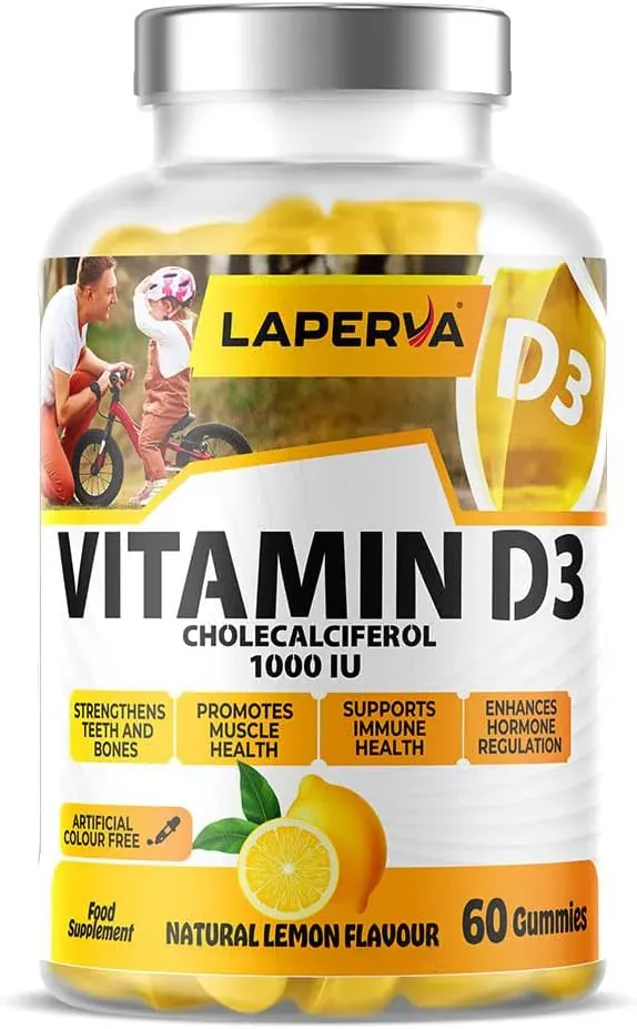laperva Vitamin D3 Gummies, 1000 IU Potency, Immune & Bone Support, Joint Health & Calcium Absorption, Plant-Based Formula, for Kids 6–17 & Adults, 60 Vegan Gummies