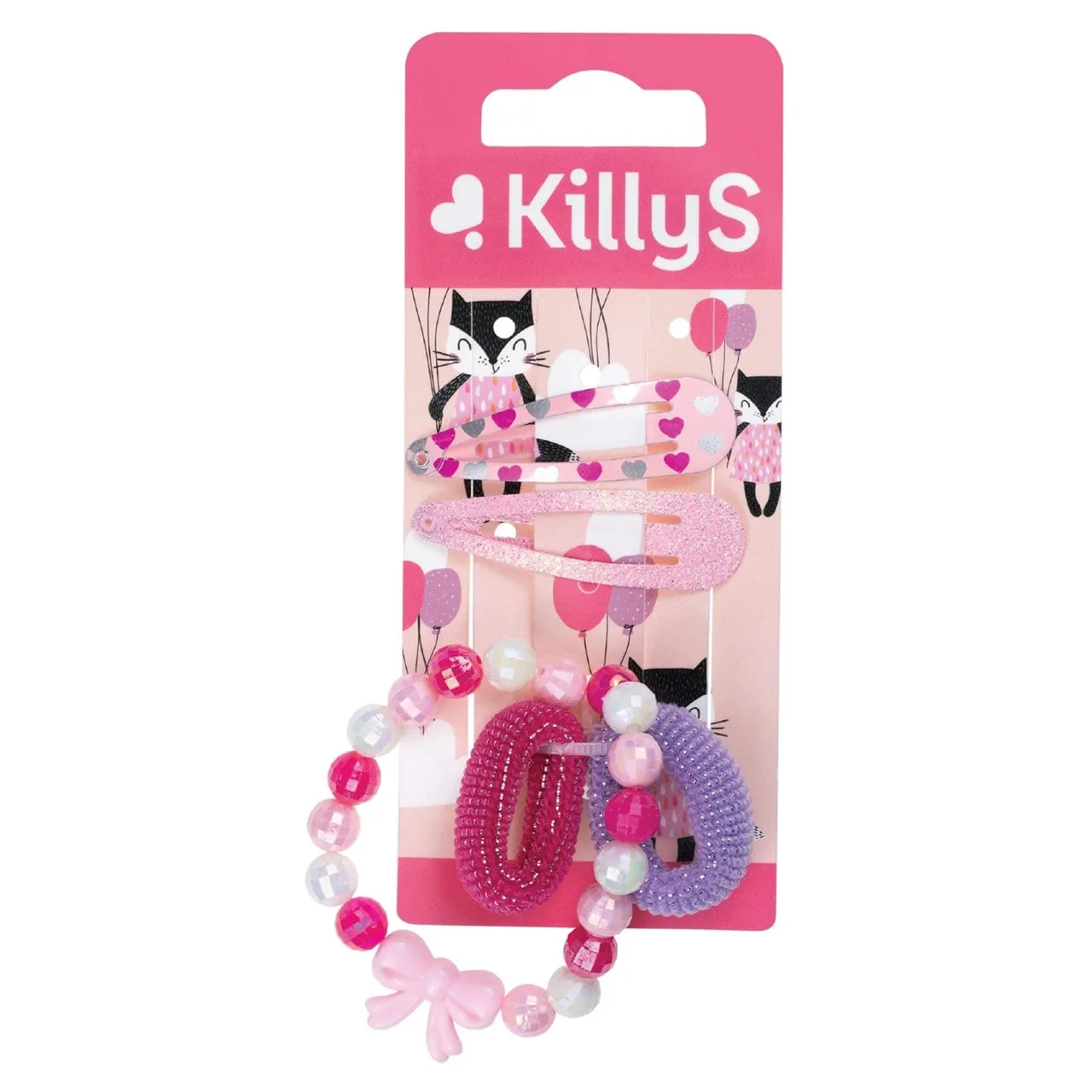 Killys Kids Set of Hearts Hair Accessories Set, Heart Print Snap Clips, Spiral Hair Ties and Beaded Bracelet, 5 Pieces