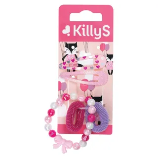 Killys Kids Set of Hearts Hair Accessories Set, Heart Print Snap Clips, Spiral Hair Ties and Beaded Bracelet, 5 Pieces
