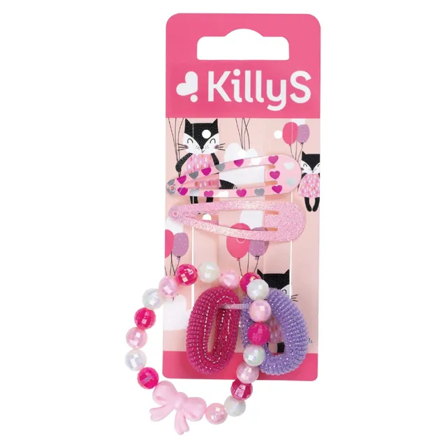 Killys Kids Set of Hearts Hair Accessories Set, Heart Print Snap Clips, Spiral Hair Ties and Beaded Bracelet, 5 Pieces