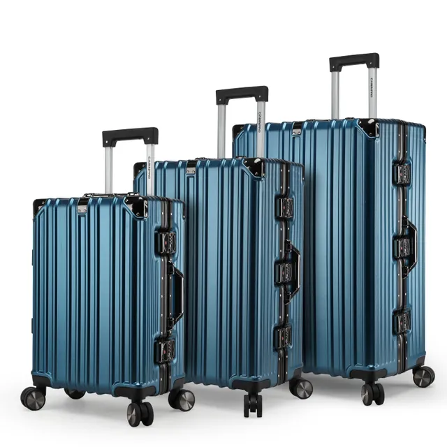 Cabinpro Lightweight Aluminum Frame Fashion Trolley Luggage Set of 3 Polycarbonate Hard Shell Suitcase with 4 Quite 360° Double spinner wheels CP001 Dark Blue