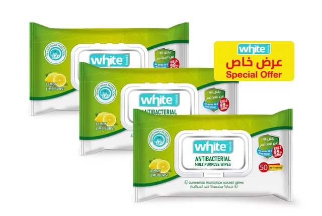 White Antibactria Multi Purpose Wipes Lemon - 3 x 50's