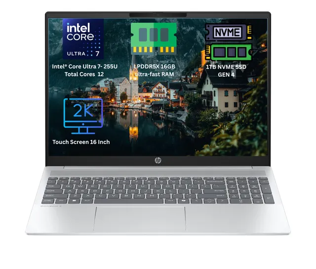 HP OmniBook 5 AI 16" 2K Touchscreen Intel Core Ultra 7-255U, 16GB RAM, 1TB SSD, Intel Integrated Graphics, Win 11 Pro, English/Arabic Keyboard, Silver (Upgraded)