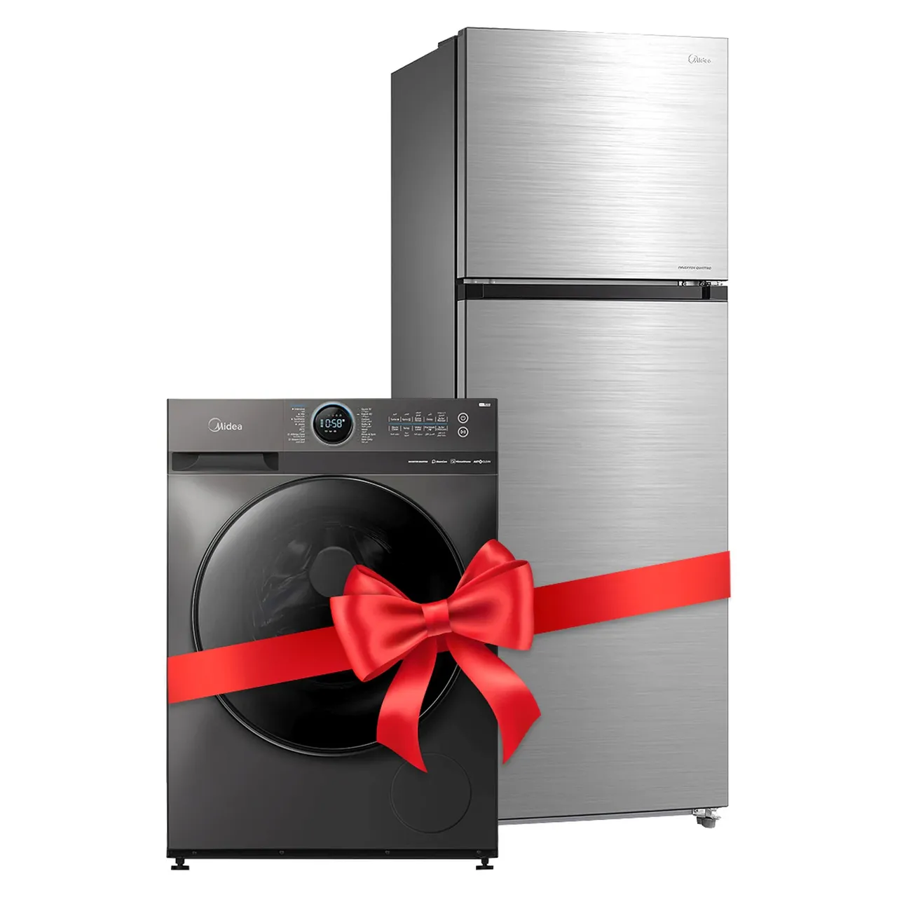 Midea مجموعة غسالة ذكية بتحميل أمامي MF200D100WBT تيتانيوم مع نشافة وثلاجة ببابين علويين MDRT489 تيتانيوم