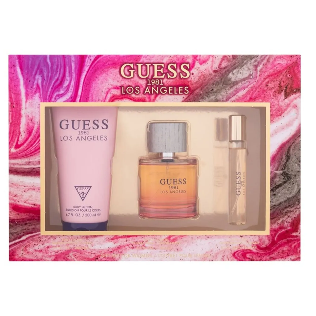 Guess طقم 1981 Los Angeles أو دو تواليت للنساء + بخاخ سفر + لوشن للجسم