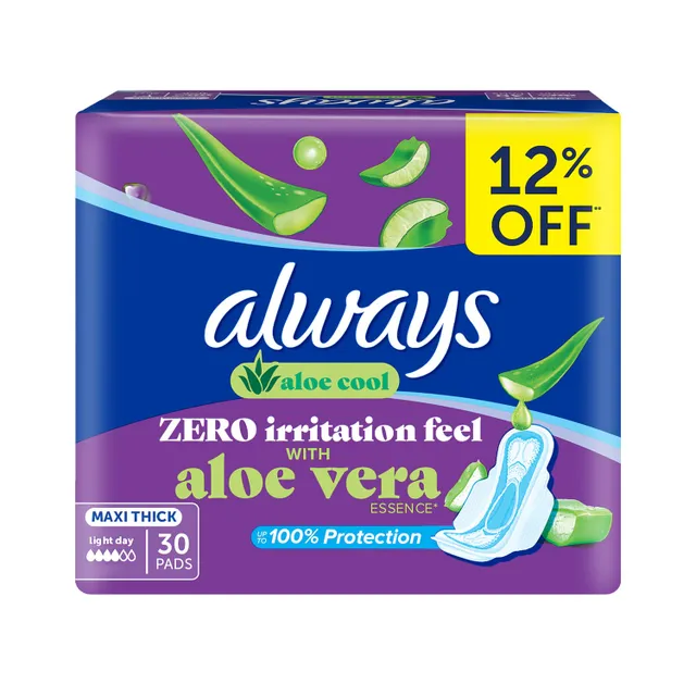 Always Aloe Cool Aloe Vera Essence For Light Days For Zero Irritation Feel Maxi Thick Pads Sanitary Pads With Wings Value Pack 30 pcs