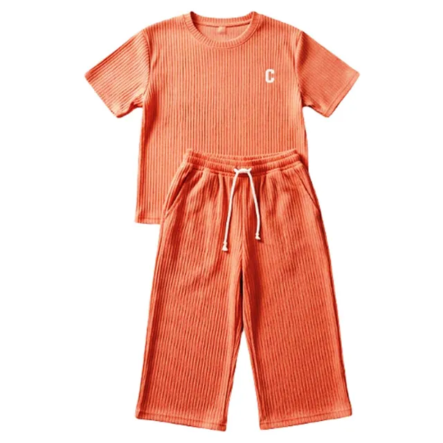 Carrefour Women Ribbed Short Sleeve T-Shirt and Wide-Leg Pants 2-Piece Set, Orange, Free Size
