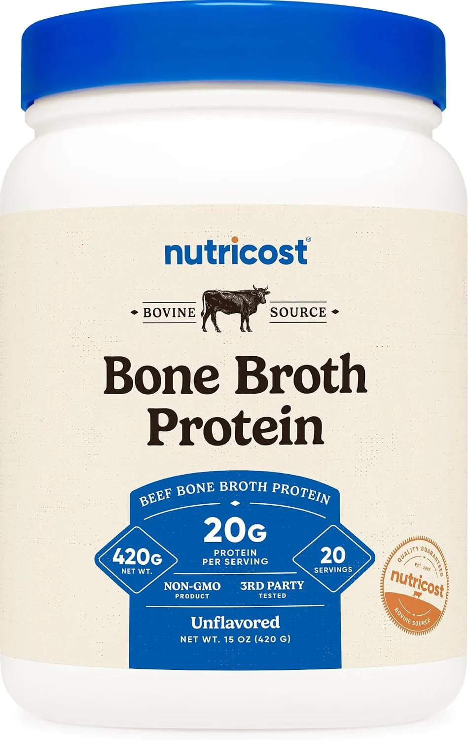 Nutricost مسحوق بروتين مرق عظام البقر بدون نكهة (20 حصة)، خالٍ من الغلوتين، خالٍ من الكائنات المعدلة وراثياً