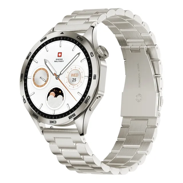 Swiss Military Swiss International Smartwatch, 1.43 Inch AMOLED Display, Silver Frame, Stainless Steel Strap, IP68 Water Resistance, Health Tracking, 7 Day Battery Life