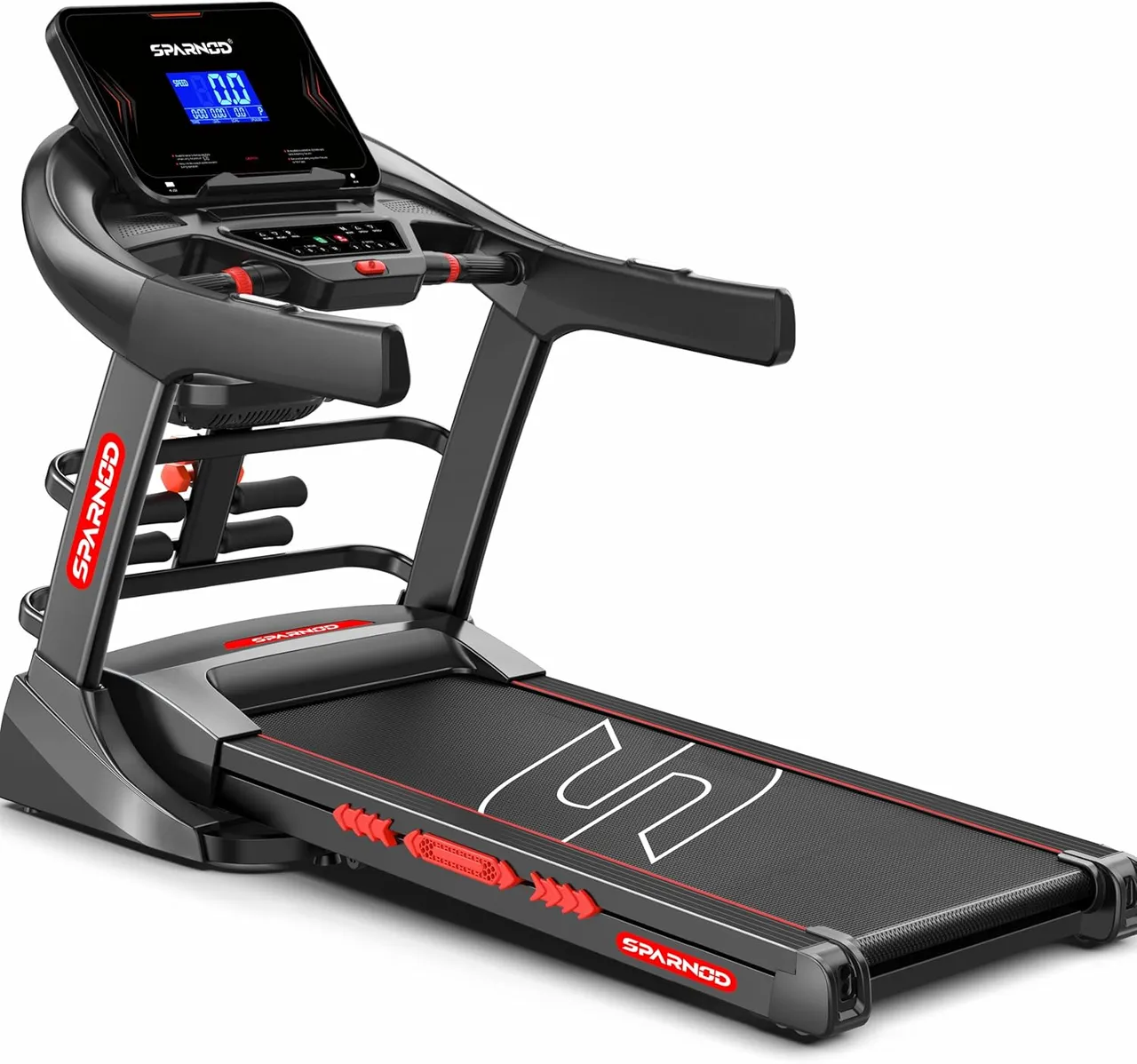 Sparnod Fitness جهاز مشي STH-5720 قابل للطي للمنزل موتور DC بقدرة قصوى 7HP انحدار تلقائي 22% سرعة 1-20 km/h شاشة 7" LCD مكبر صوت بلوتوث قابل للطي هيدروليكي للتمارين المنزلية