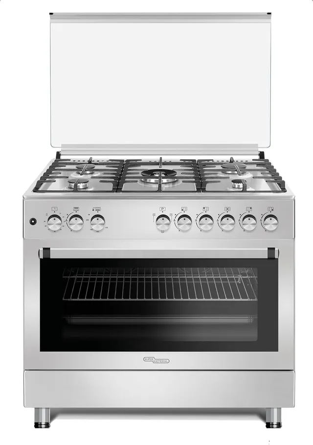 Super General 90x60cm 5 Gas Burners, Oven/Grill with Rotisserie Free standing Gas Cooker, Stainless Steel, Turbo Fan – SGC9607FSHGF, 1 year Manufacturer Warranty