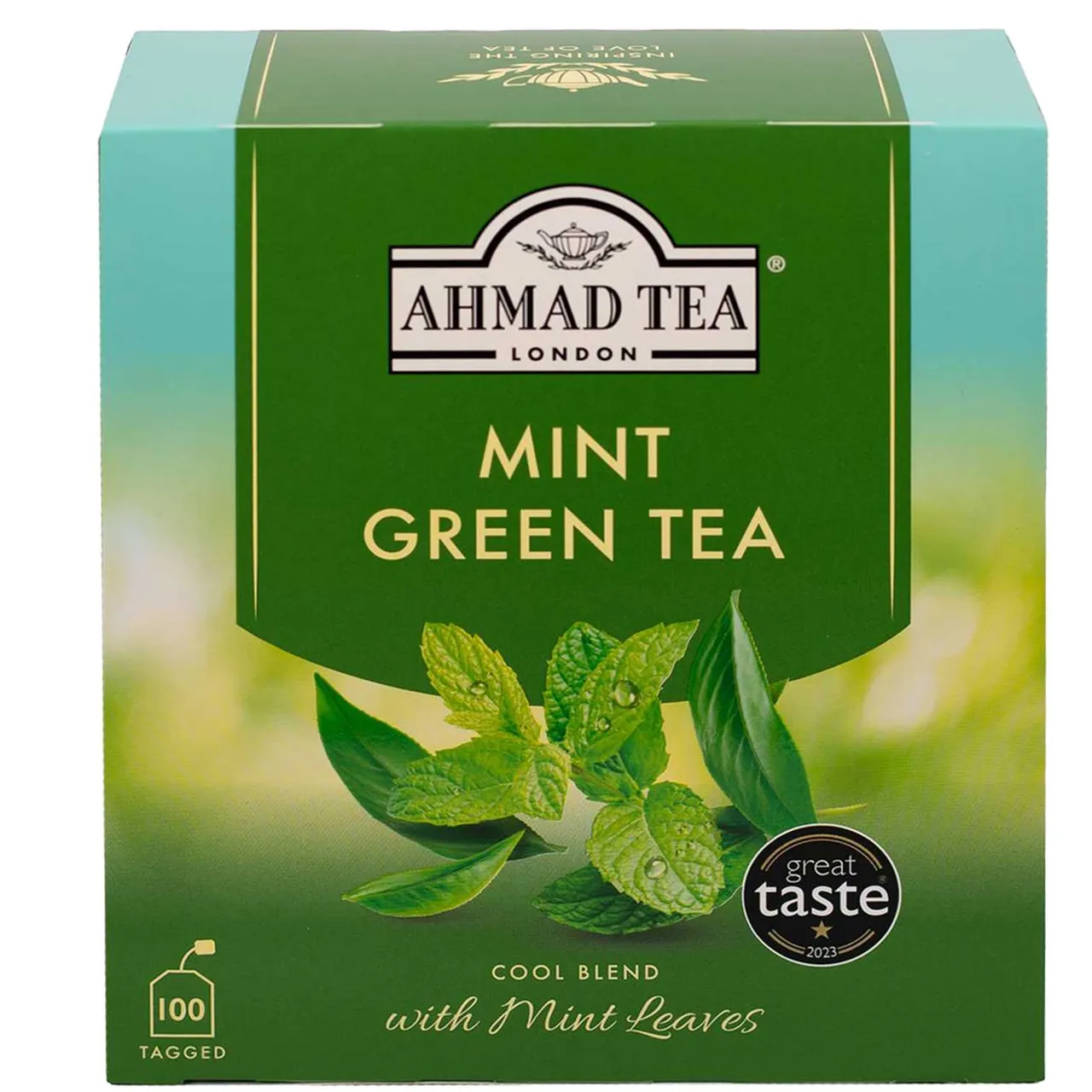 Ahmad Tea شاي أخضر بنكهة النعناع مع أوراق النعناع 100 كيس شاي