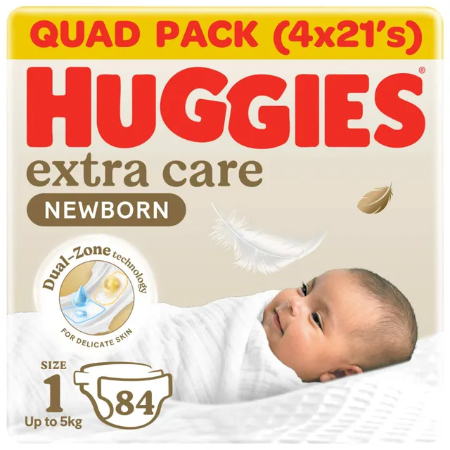 Huggies Extra Care Newborn Baby Diapers, Size 1 (Up to ), Mega Pack, 84 Diapers