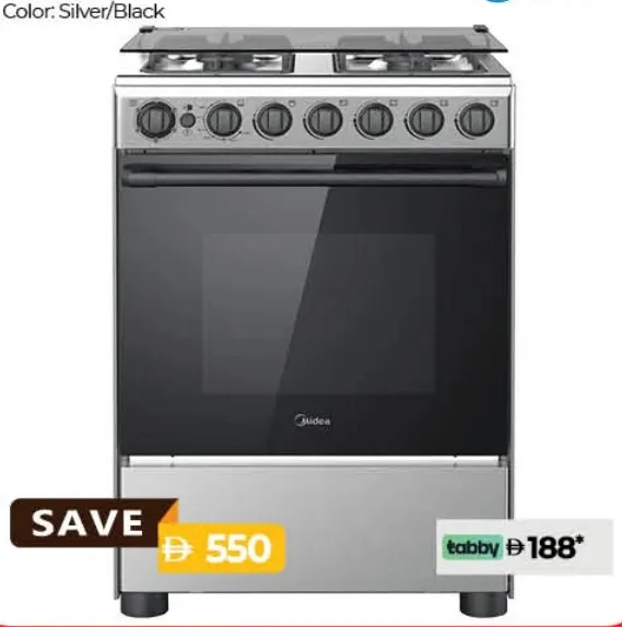 Midea Gas Cooking Range BME62058FFDD; 4 Burner; Silver/Black