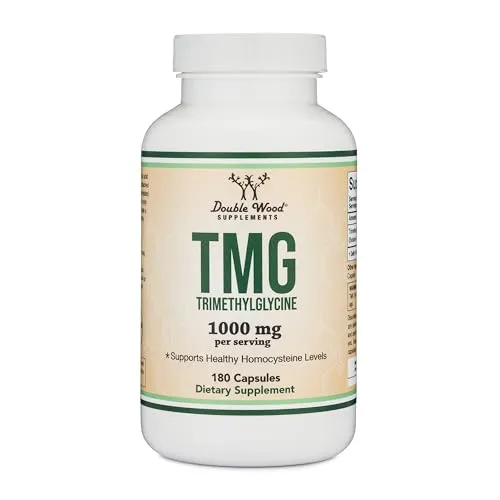 Double Wood مكمل TMG ثلاثي ميثيل الجلايسين Trimethylglycine نقاء مختبر 99، تركيز 1000mg لكل حصة، 180 كبسولة، مكملات TMG للتحكم في الهوموسيستين TMG أصلي برائحة سمكية خال من الغلوتين وغير معدل وراثيا NonGMO