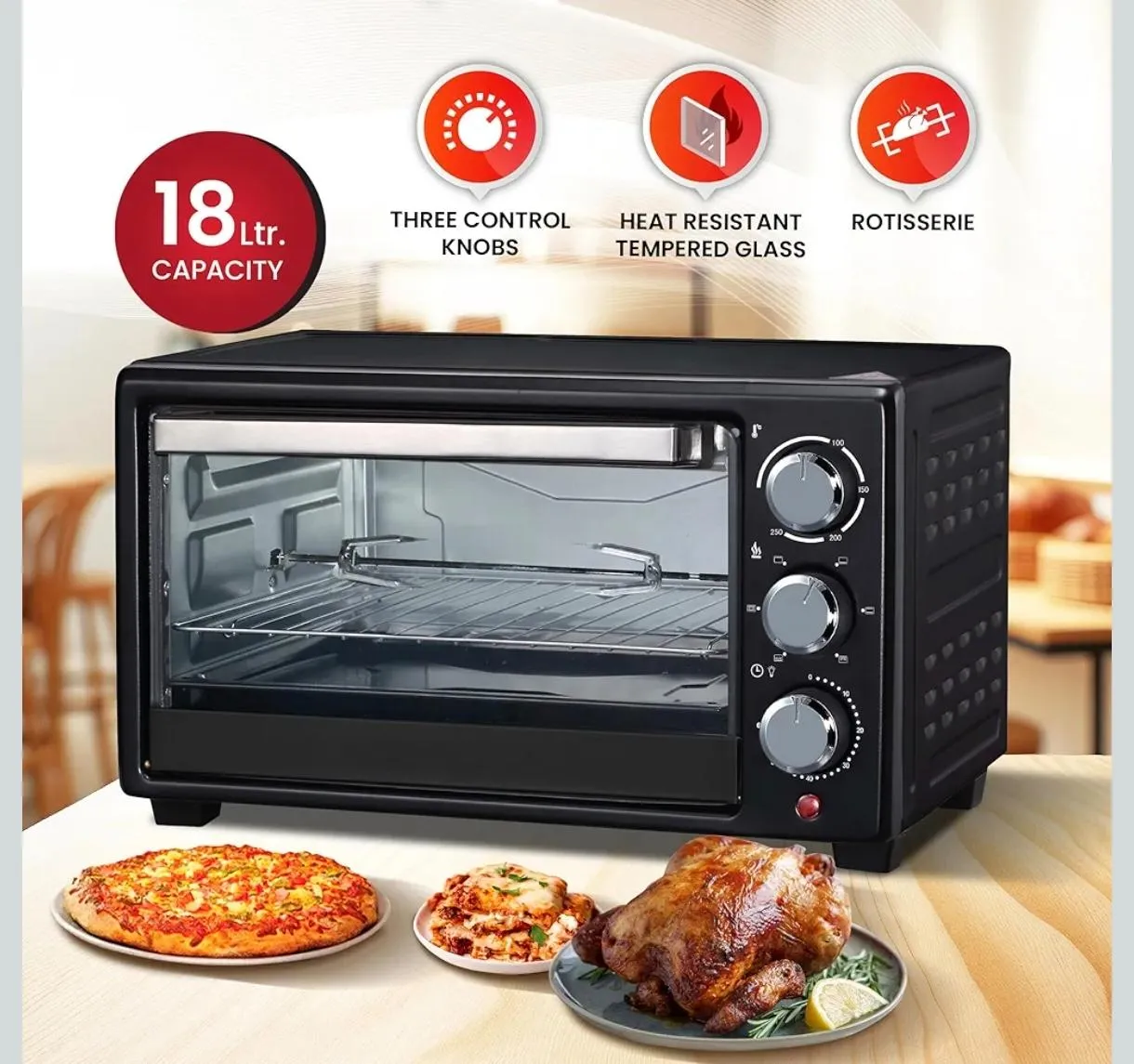 Silvonix فرن كهربائي صغير محمصة – تحكم بدرجة الحرارة 100-250°C، مؤقت 60 دقيقة، وظيفة شواية دوارة، إضاءة داخلية، عنصر تسخين ستانلس ستيل 1280W، أسود
