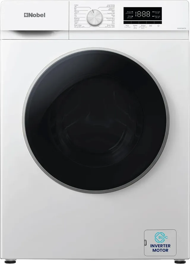 Nobel Front Load Washing Machine with BLDC Inverter Motor Steam Wash, 14 Programs, 1200RPM, LED Display, Stainless Steel Drum – NWM1000FW (1 Year Warranty) 1850 W NWM1000FW white