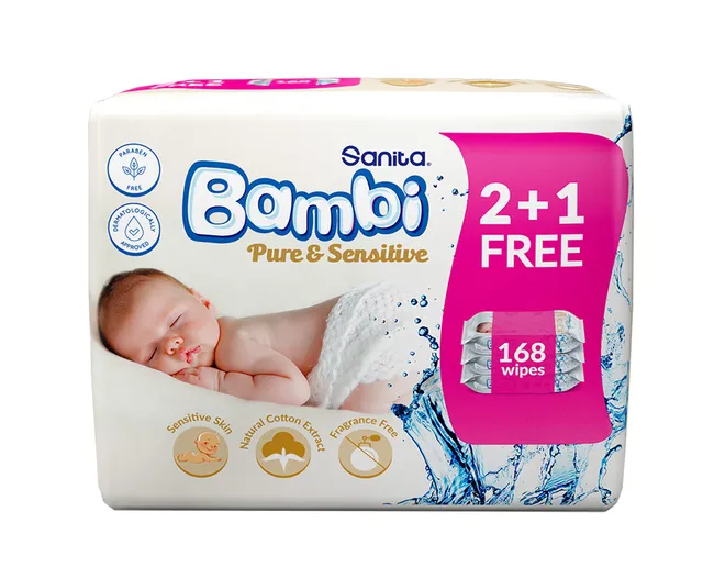 Bambi Wet Wipes Pure - 3 x 56 Pcs