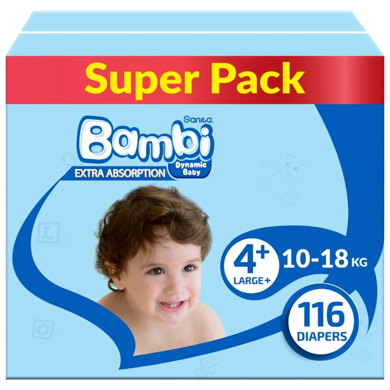 حفاضات أطفال Sanita Bambi دايناميك كبير بلس مقاس 4 بلس 10- عبوة سوبر 116 حفاضة