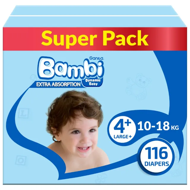 Sanita Bambi Dynamic Baby Diapers Large Plus Size 4 Plus 10- Super Pack 116 Diapers