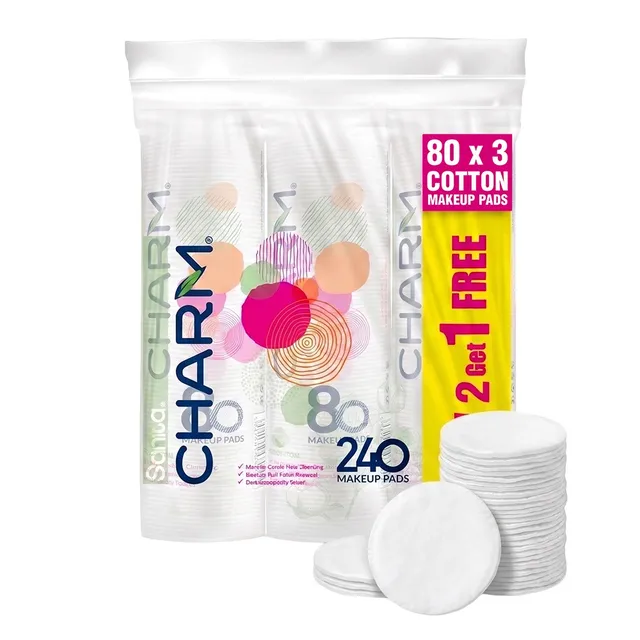 Charm Cotton Charm Round Makeup Pads, 3 x 80 Pads