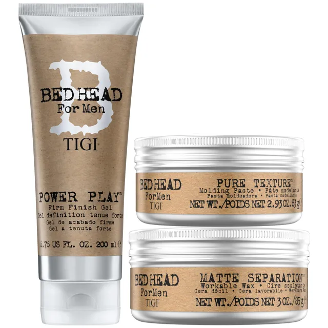Tigi Bed Head for Men Hair Styling Trio – Matte Separation Wax, Pure Texture Molding PastePower Play Hair Gel for Matte, Textured, or Shiny Looks – Gifts for Men