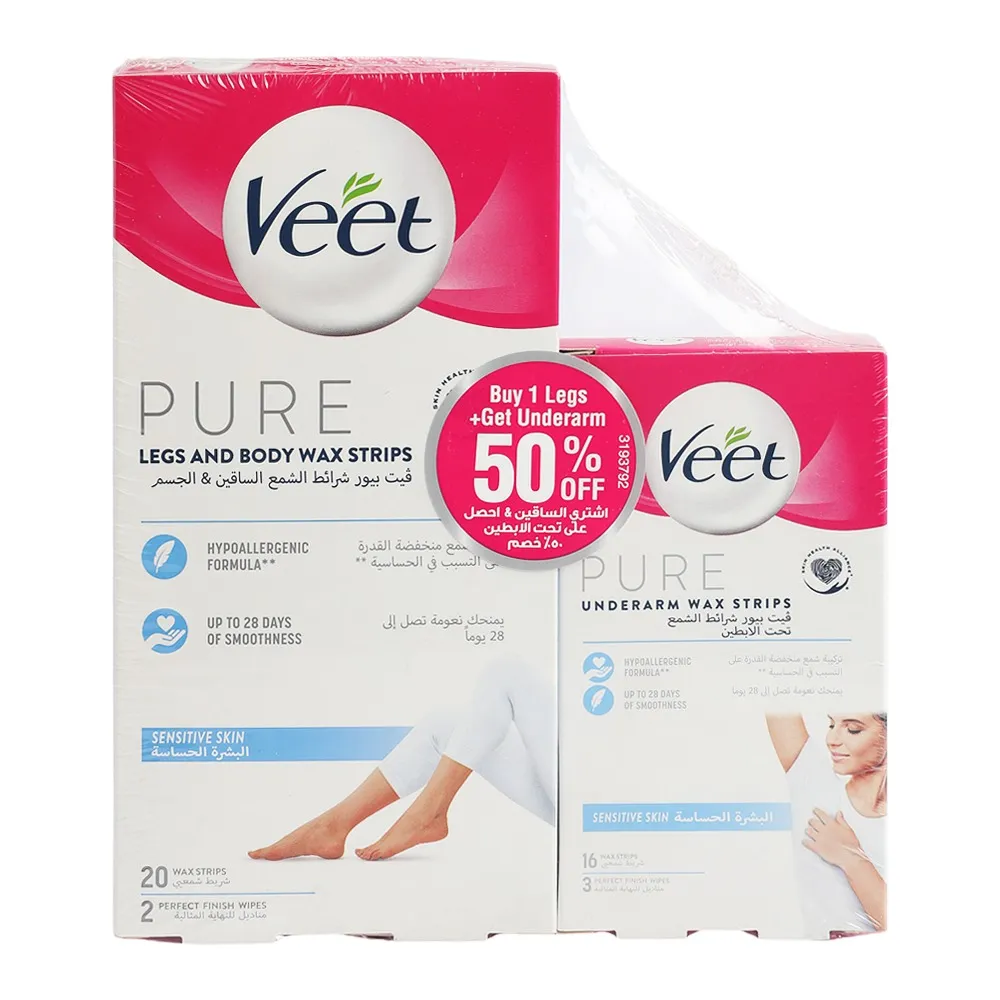 Veet شرائح شمع لإزالة الشعر للبشرة الحساسة - للساقين والجسم 20 Strips + لتحت الإبطين 16 Strips