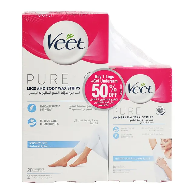 Veet Hair Removal Wax Strips for Sensitive Skin - Legs & Body 20 Strips + Underarms 16 Strips