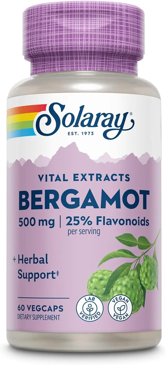 Solaray Bergamot Advanced Formula, Cardiovascular Support Fruit Extract, Veg Cap (Btl-Plastic) 500mg, 60CT, active Lifestyle Support - Standardized To 25% Flavonoids - 30 Servings