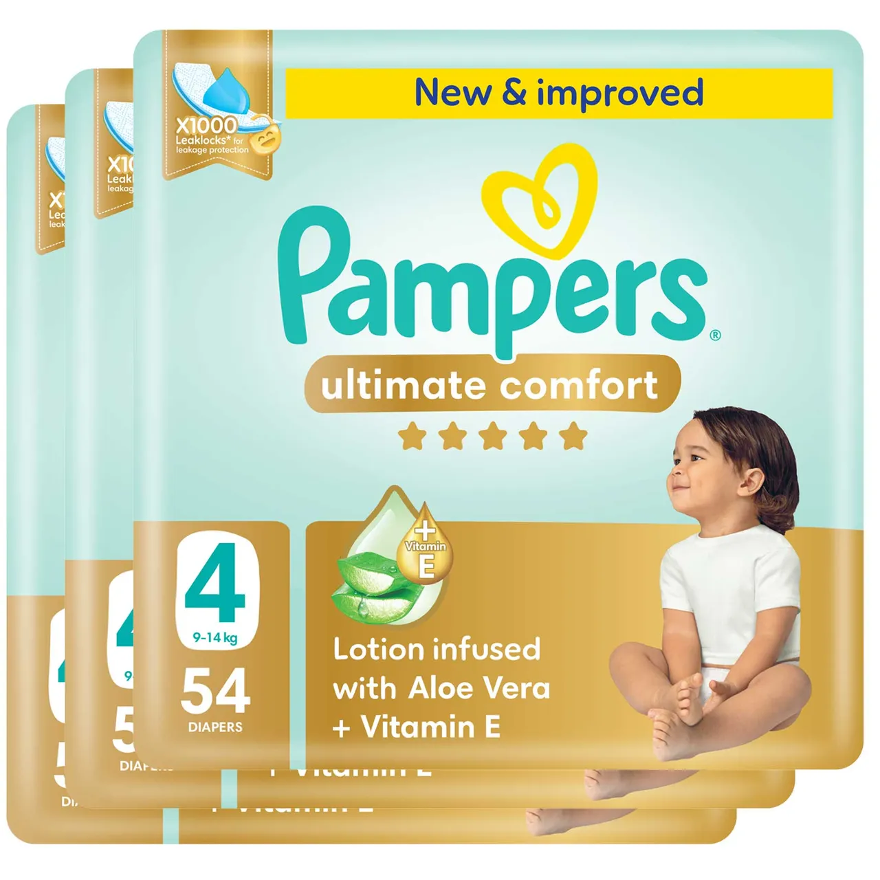 Pampers حفاضات Ultimate Comfort بالصبار وفيتامين E مقاس 4 9- عبوة ضخمة 54 حفاضة
