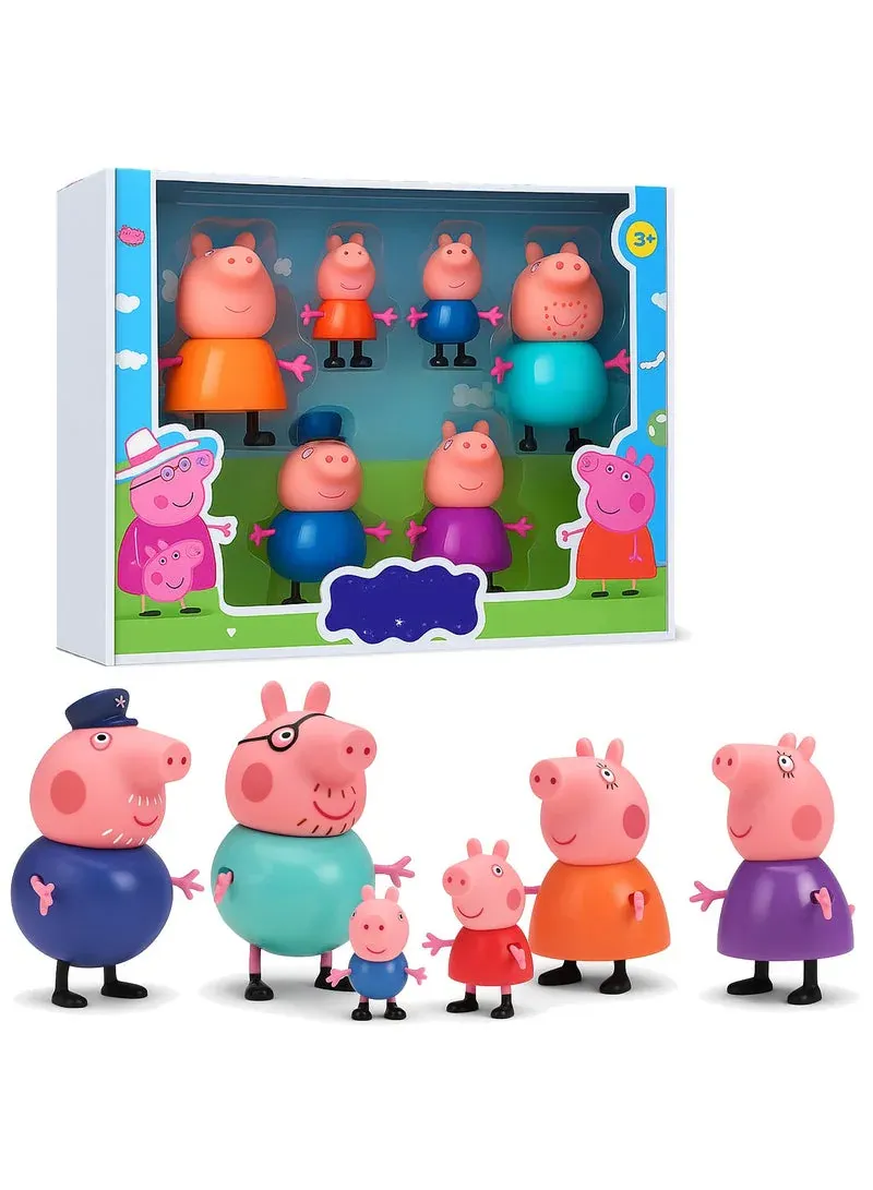 rezzoss طقم ألعاب عائلة Peppa Pig من 6 قطع للأطفال - عائلة الخنازير، بابا بيج وماما بيج والجد والجدة والخنازير الصغار من المطاط الناعم، طقم لعب كرتوني هدية للأولاد والبنات (3+ سنوات) هدية عيد ميلاد