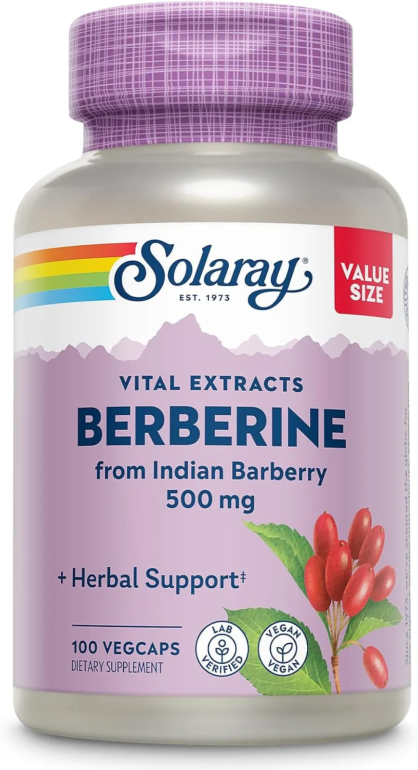 Solaray بربرين 500mg - مكمل بربرين لنمط حياة صحي ونشط - مع بربرين Hcl من البرباريس الهندي - نباتي، غير معدل وراثياً، مختبر معملياً - 100 حصة، 100 كبسولة نباتية