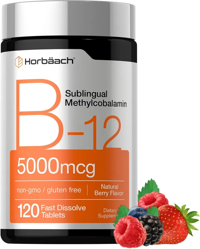 Horbäach B12 Sublingual Methylcobalamin, 5000MCG, 120 Fast Dissolve Tablets, Vegetarian, Non-Gmo And Gluten Free Supplement, By Horbaach, Sublingual Methylcobalamin, Natural Berry Flavor