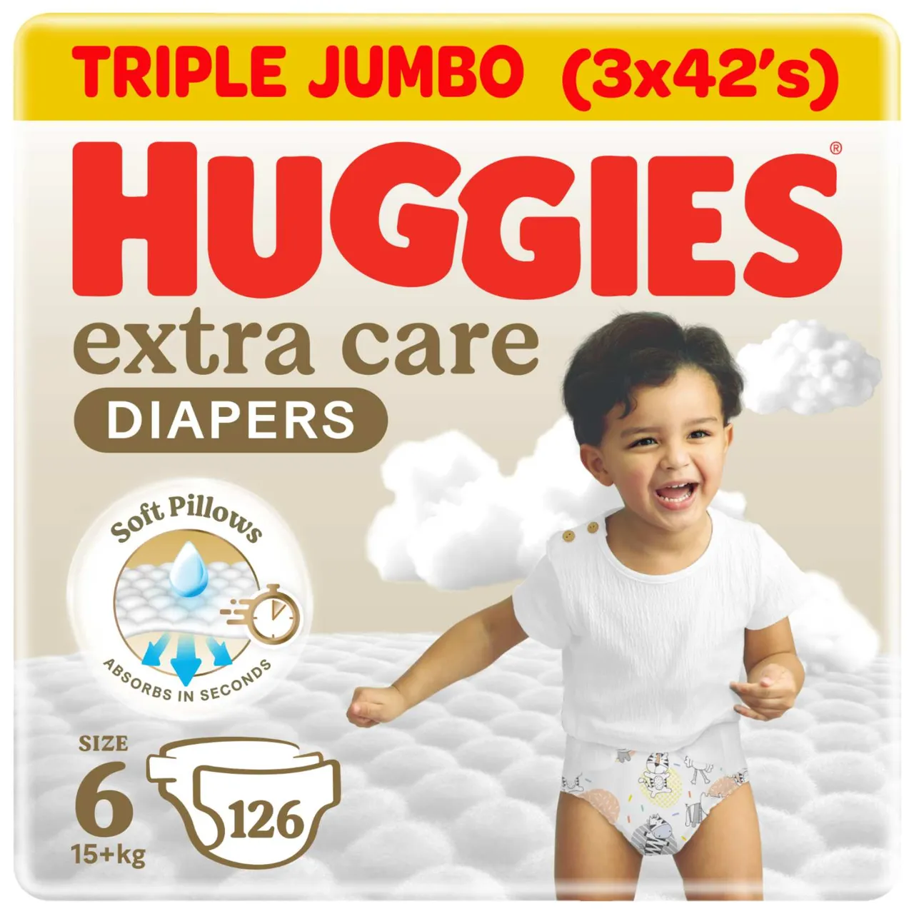 Huggies حفاضات أطفال عناية فائقة، مقاس 6 (15+ kg)، عبوة سوبر ميجا، 126 حفاضة