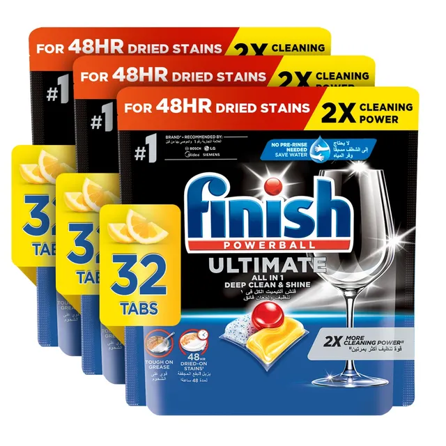 Finish Ultimate Dishwasher Tablets Lemon Sparkle Scent 2x More Cleaning Power 96 Tabs
