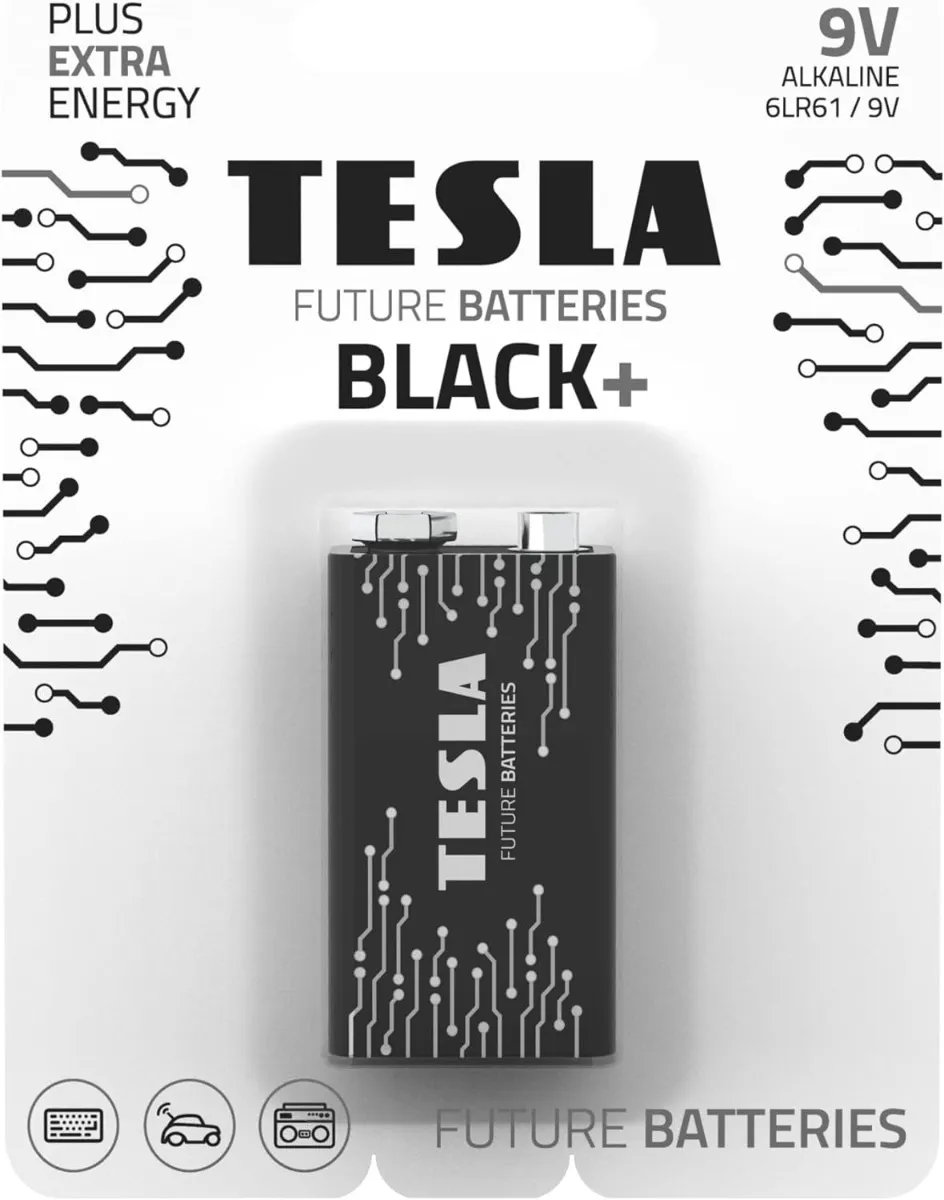 Tesla بطارية 9V سوداء + قلوية بطاقة إضافية