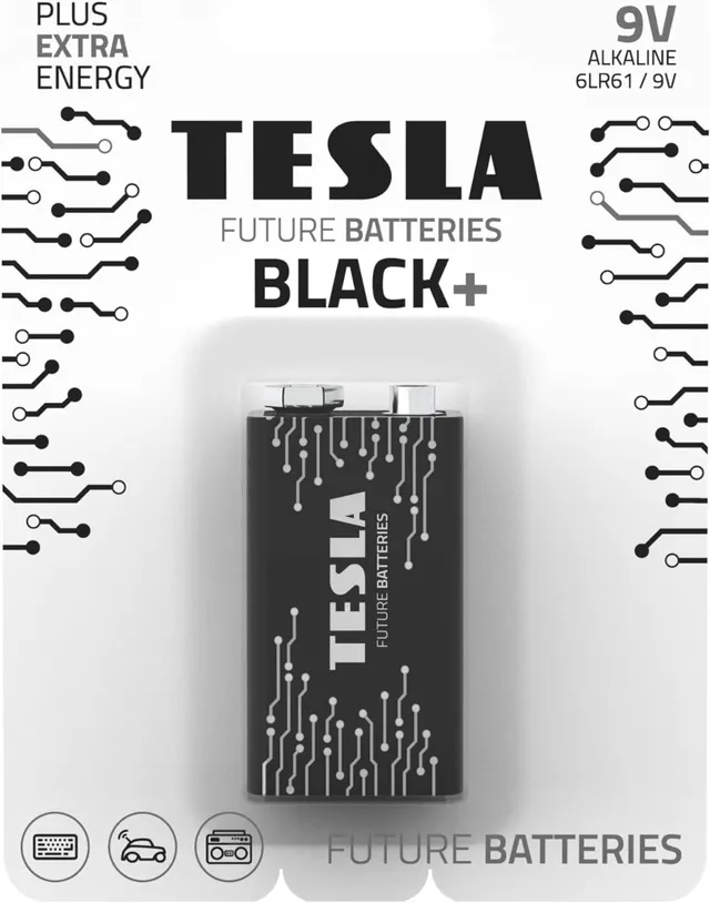 Tesla 9V Battery Black+ Alkaline Plus Extra Energy