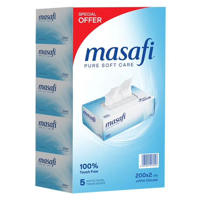 Masafi Pure Soft Care 2 Ply Facial Tissue - 5 x 200 Sheets