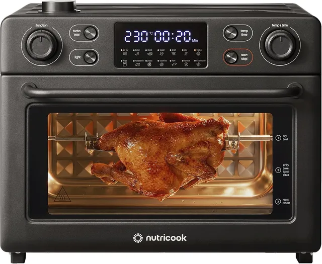 Nutricook Baker’s Oven 12-in-1 Air Fryer Toaster Oven with Steam Infusion, 360° Turbo Convection, Rotisserie, Stainless steel inner cavity, countertop friendly, Black, NC-AFTO330K