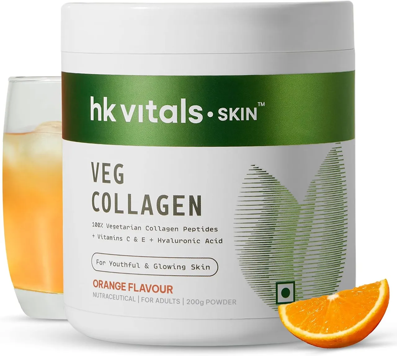 Hk Vitals مسحوق مكمل كولاجين نباتي بنكهة البرتقال، ببتيدات الكولاجين مع فيتاميني C وE، لصحة البشرة والشعر والأظافر