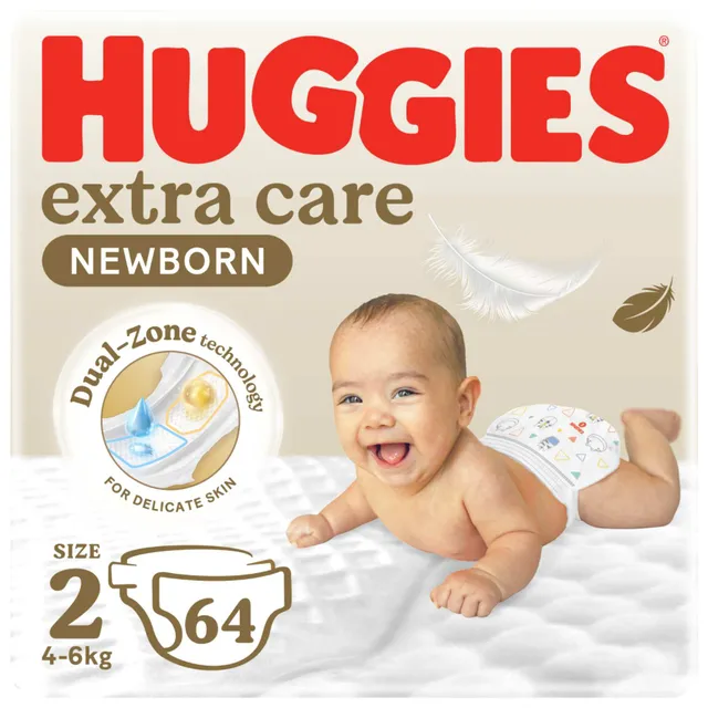 Huggies Extra Care Newborn Baby Diapers, Size 2 (4- ), Jumbo Pack, 64 Diapers