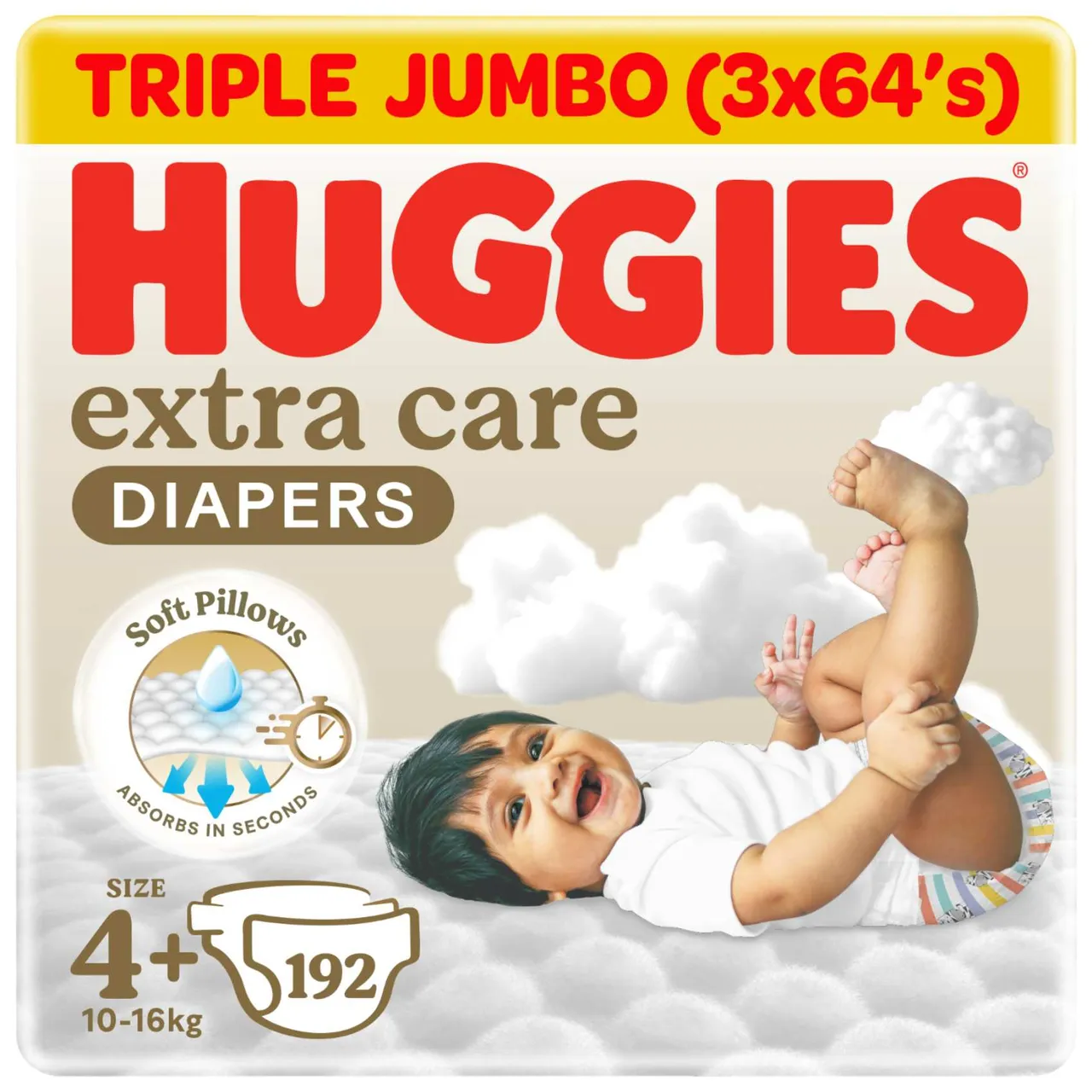 Huggies حفاضات أطفال Extra Care مقاس 4+ (10- ) عبوة سوبر ميغا 192 حفاضة