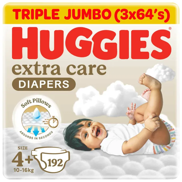 Huggies Extra Care Baby Diapers, Size 4+ (10- ), Super Mega Pack, 192 Diapers