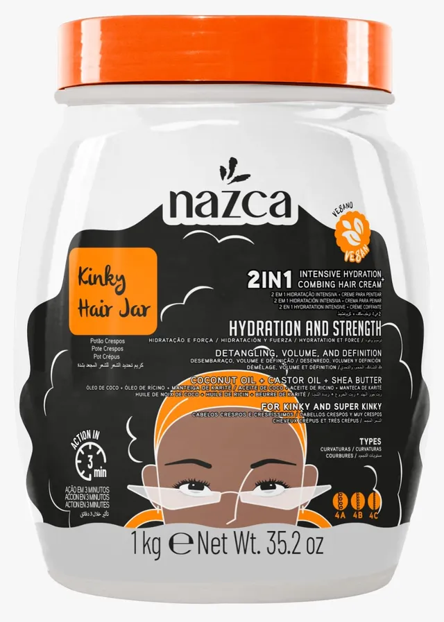 Nazca Super Curls Hair Jar 2-in-1 Hair Cream for Coily Hair 4A 4B 4C, Cream To Comb, Intensive Hydration, VolumeDefinition, Coconut Oil, Castor Oil, Shea Butter, Vegan, / 35.2oz