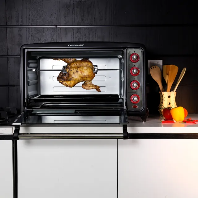 Olsenmark OMO2184 Electric Oven with Convection & Rotisserie, - 60 Minutes Timer - Adjustable Temperature - 4 Power Setting - Inner Lamp - Tempered Glass Window - Stainless Steel Heating