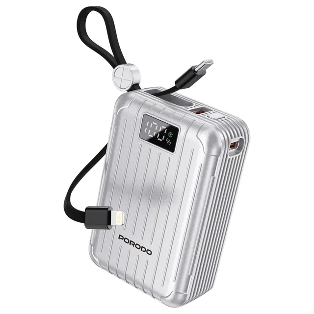 Porodo PD Power Bank with Integrated Type-C & Lightning Cable, 20000 mAh, Silver, PDNPB37SL
