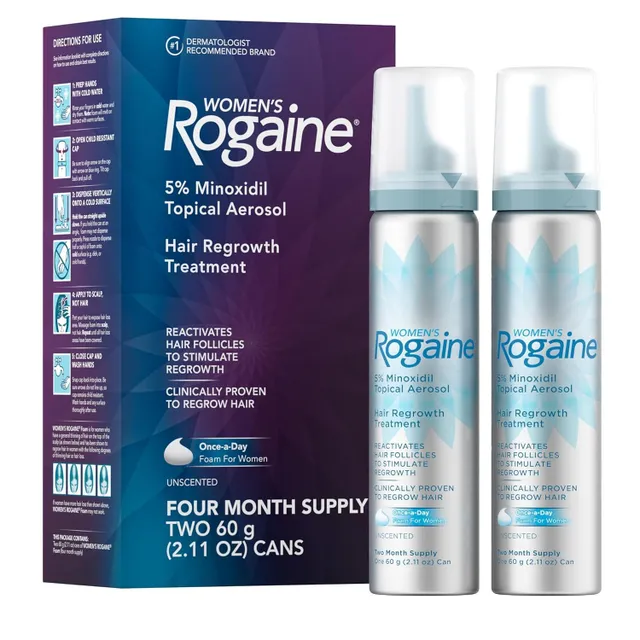 Rogaine Womens 5 Minoxidil Foam Topical OnceADay Hair Loss Treatment for Women to Regrow Fuller Thicker Hair Unscented 4Month Supply 2 x 211 oz