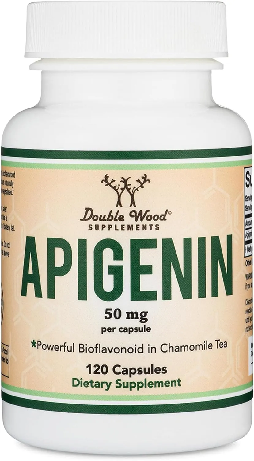 Double Wood Supplements أبيجينين 50mg لكل كبسولة، 120 كبسولة (فلافونويد حيوي موجود في شاي البابونج للاسترخاء والنوم والمزاج)، صنع في الولايات المتحدة